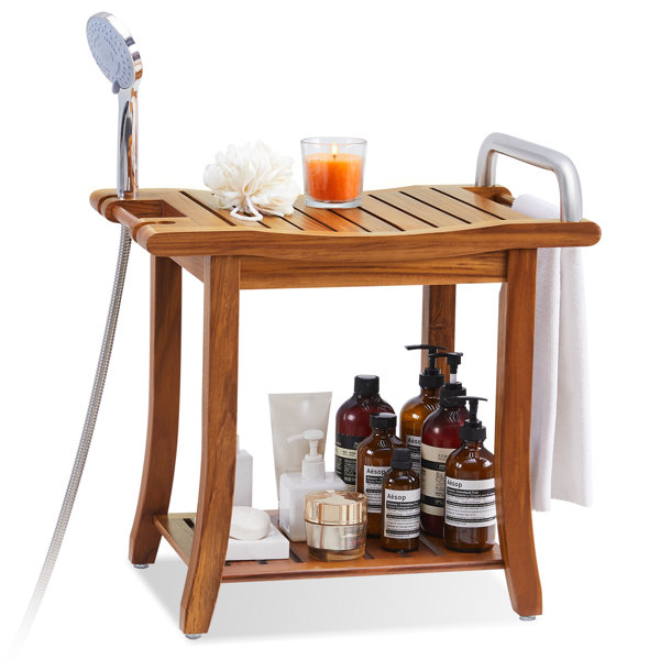 Winston Porter 20'' Teak Shower Bench With Handle, Large Teak Shower ...
